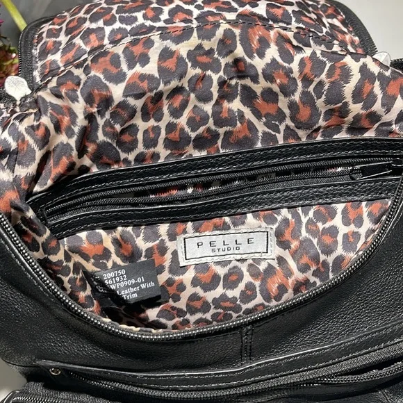 PELLE STUDIO Pebble Leather Backpack Sling Bag, Black, Leopard fabric interior - Picture 7 of 15